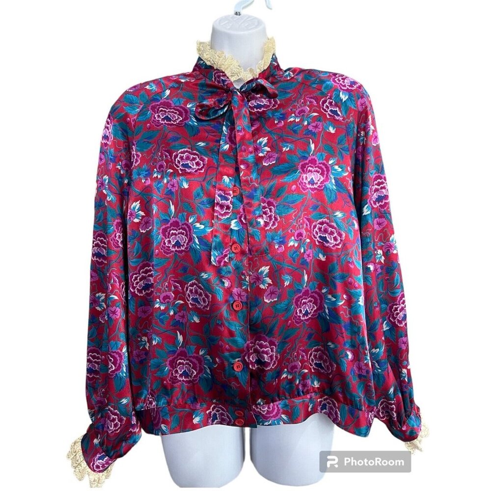 Vintage 80s Halston llI Button Front Top ‎ Sz 12 Floral Victorian High Lace Neck